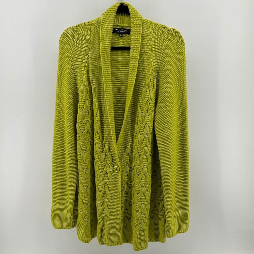 Jones New York Collection Chartreuse Citron Green Cable Knit Cardigan Sweater 1X